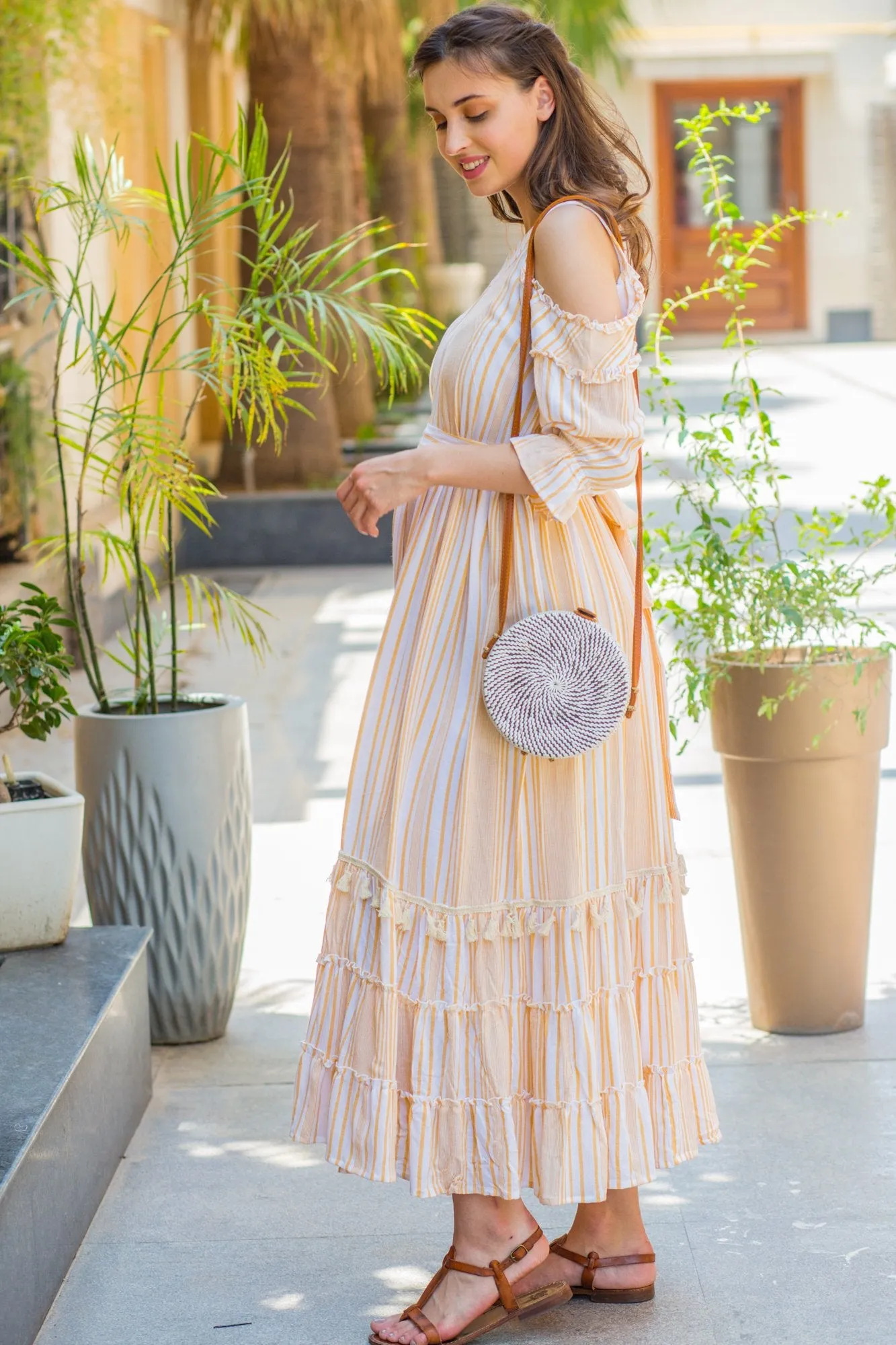 Cute Boho Mustard Frill Maternity & Nursing Maxi