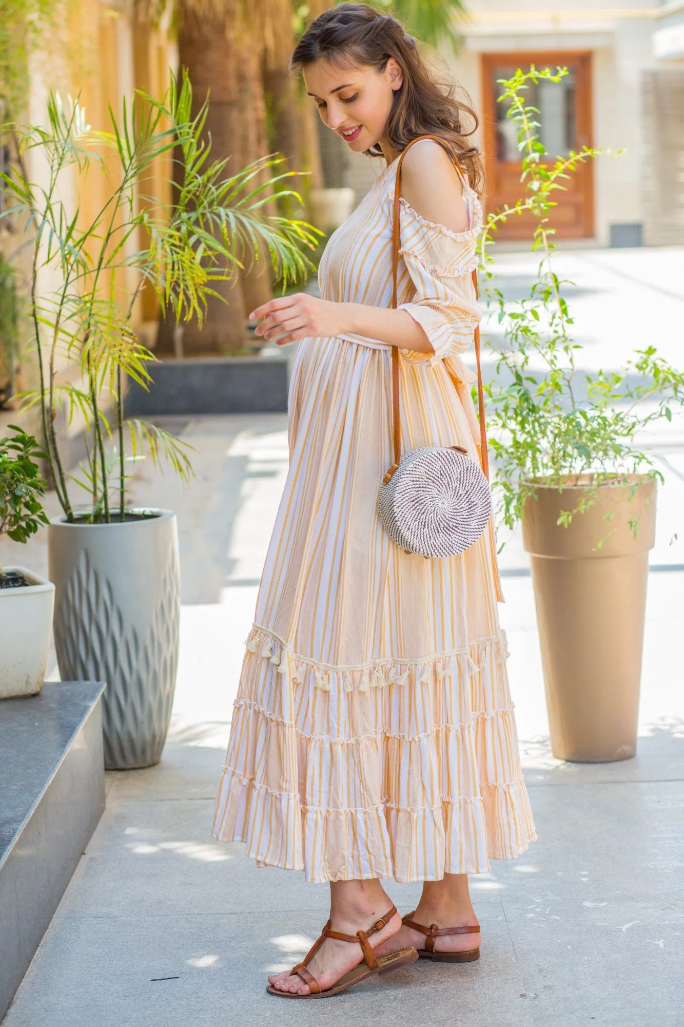 Cute Boho Mustard Frill Maternity & Nursing Maxi