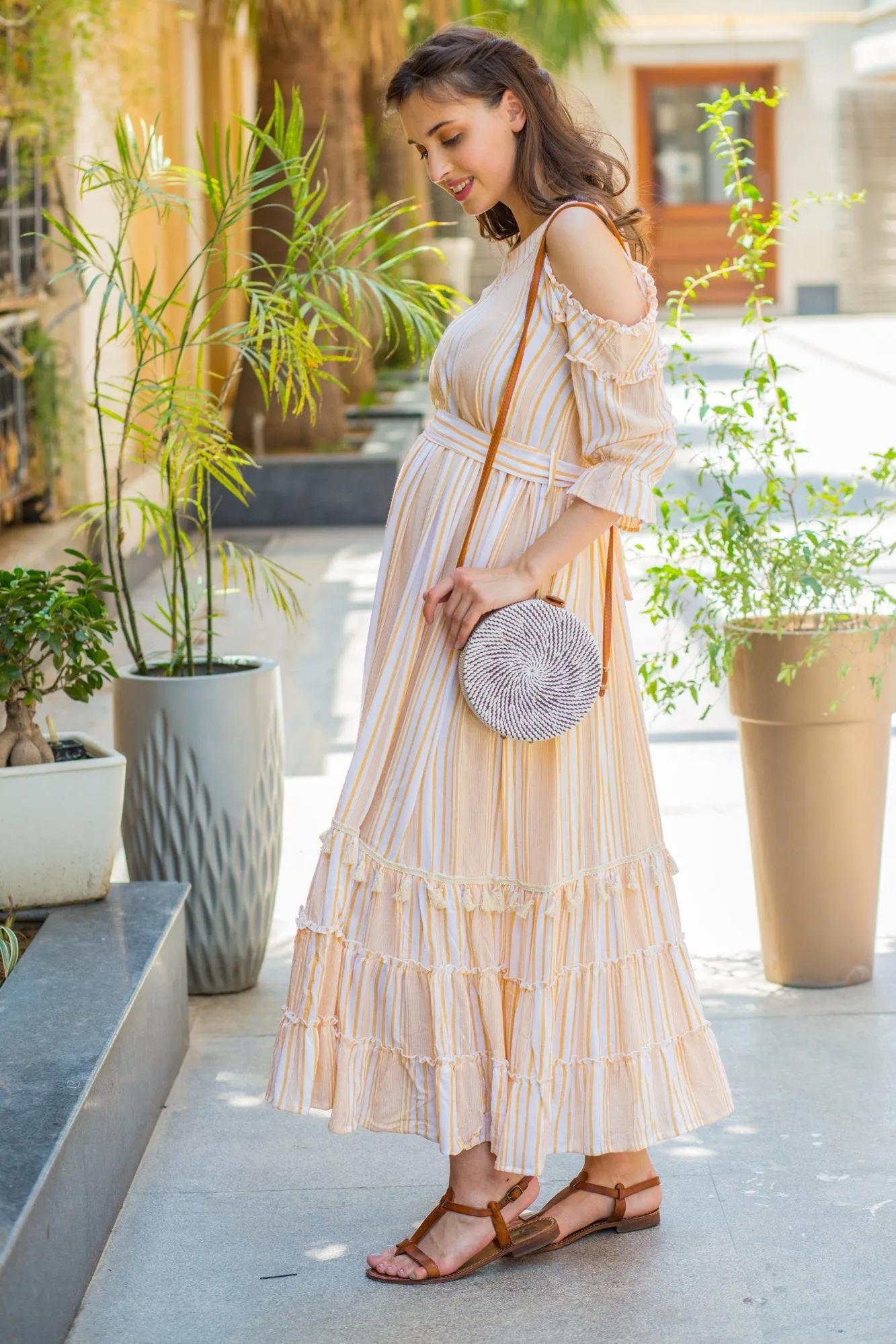 Cute Boho Mustard Frill Maternity & Nursing Maxi