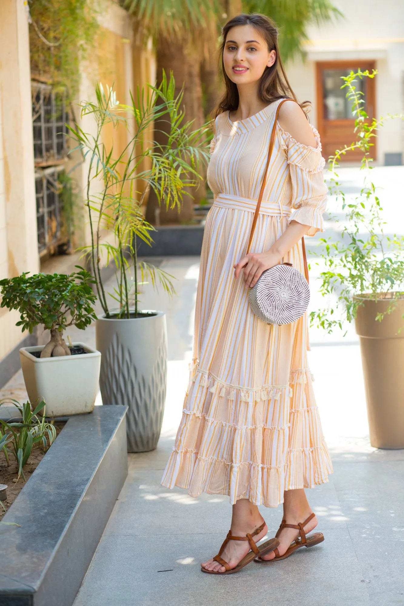 Cute Boho Mustard Frill Maternity & Nursing Maxi