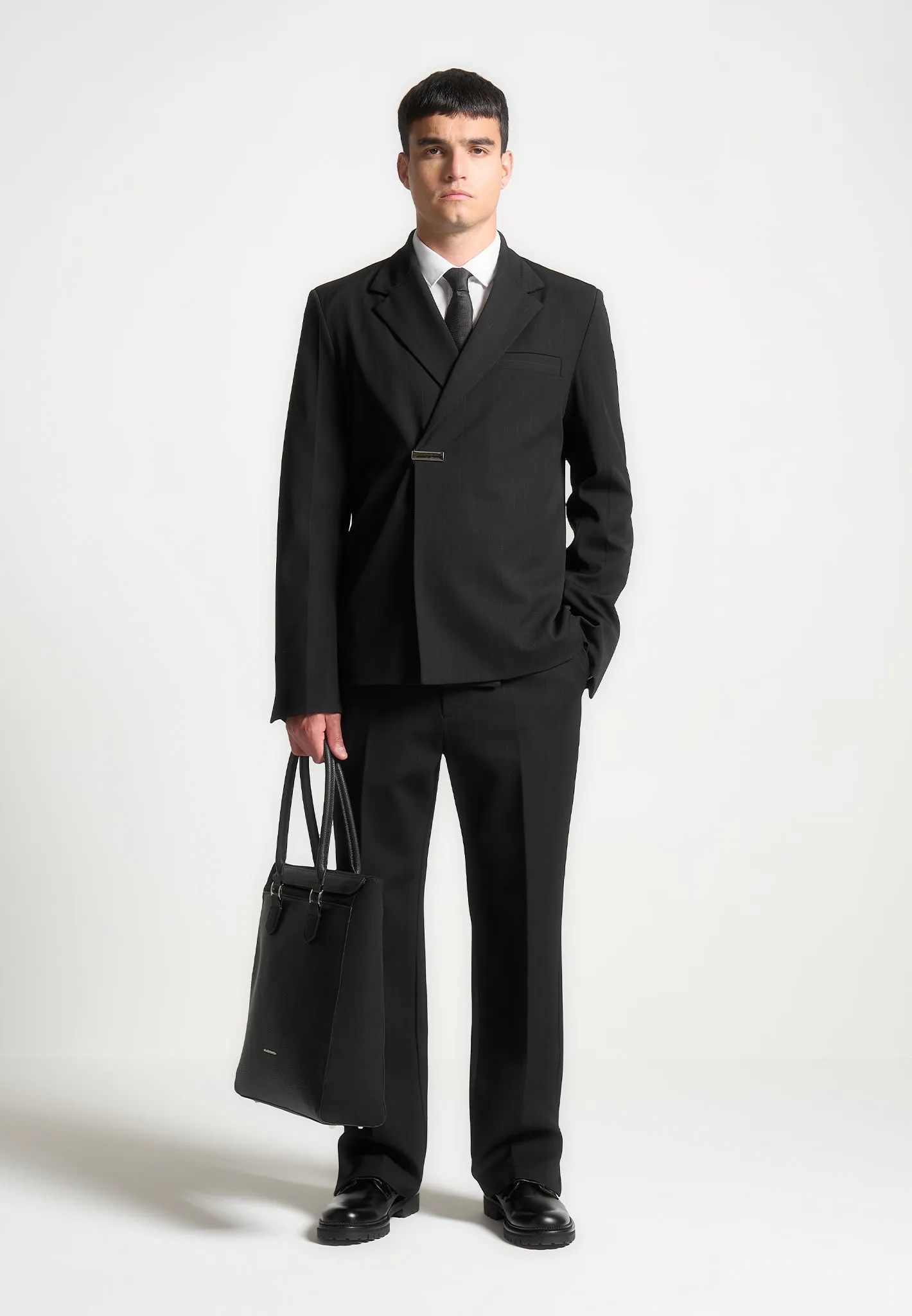 Double Breasted Pinstripe Suit Jacket - Black