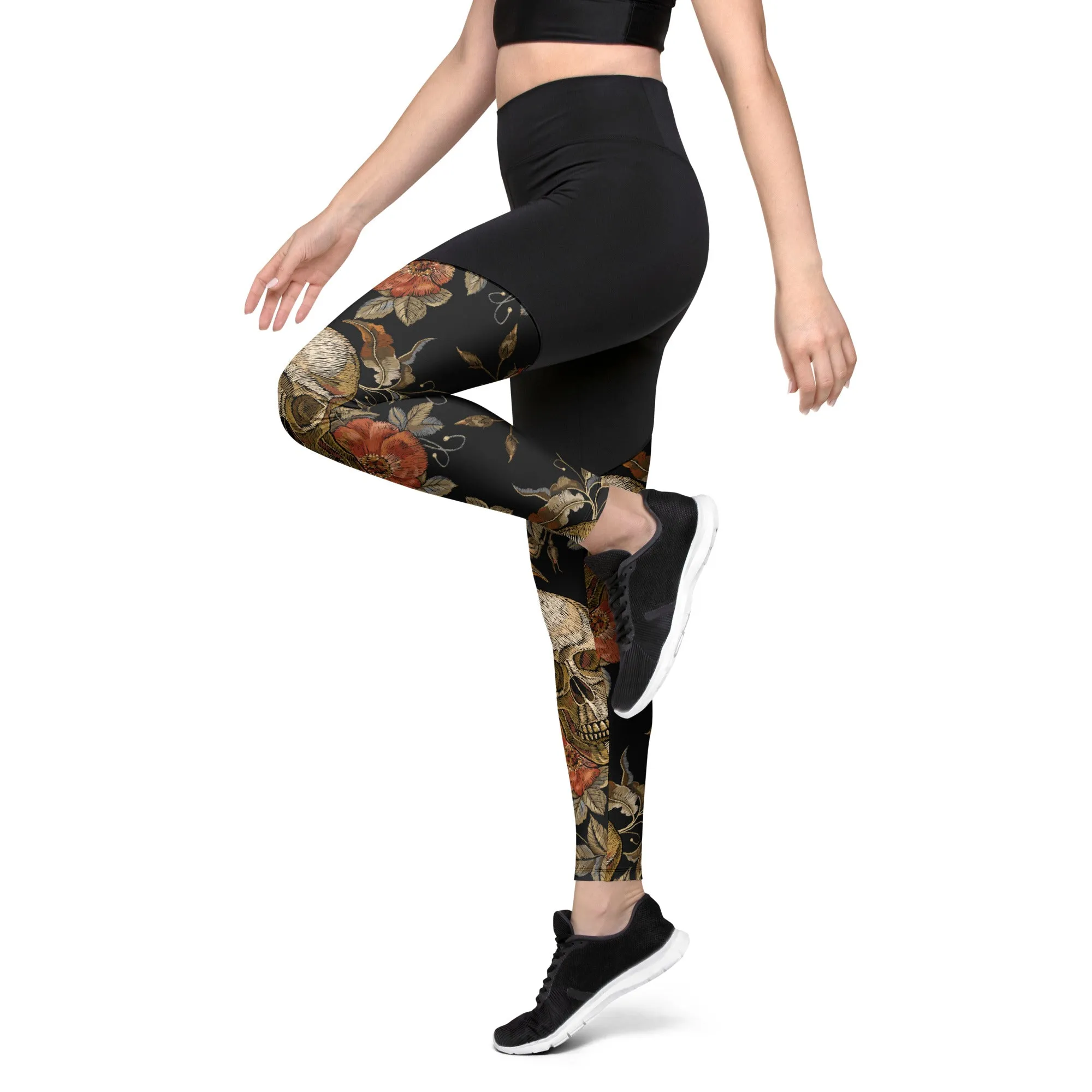 Embroidery Print Skull Compression Leggings