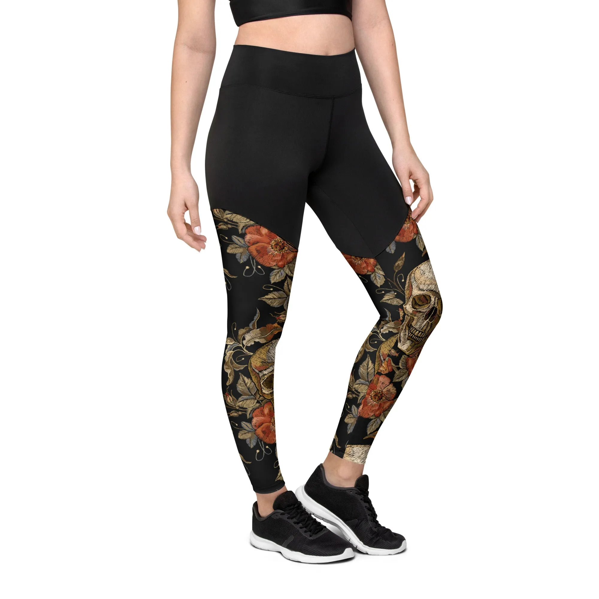 Embroidery Print Skull Compression Leggings