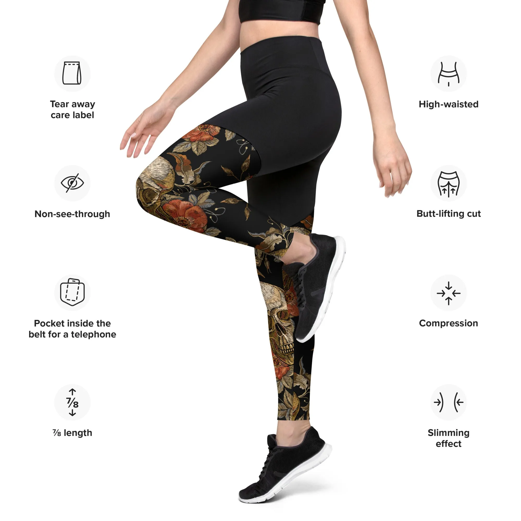 Embroidery Print Skull Compression Leggings