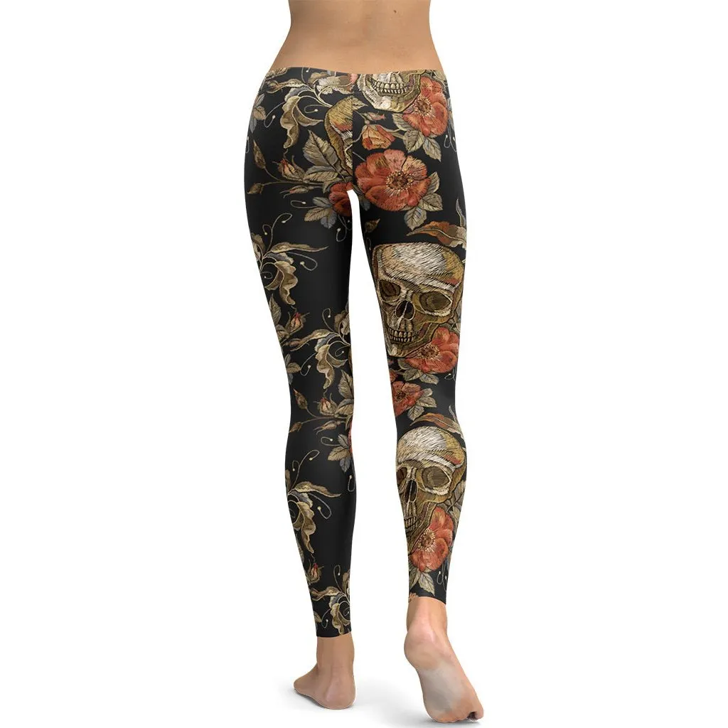 Embroidery Print Skull Leggings