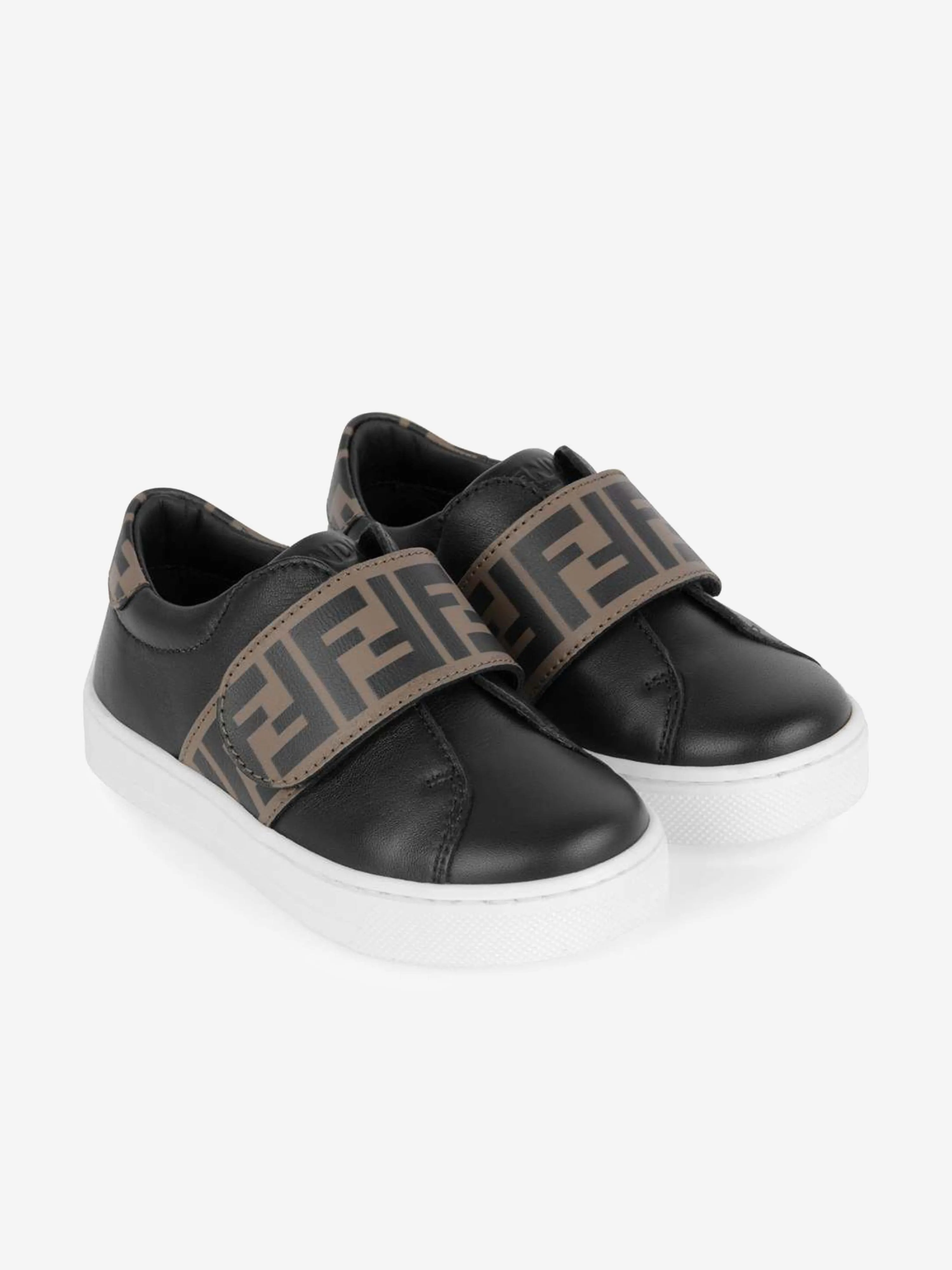 Fendi Kids Leather FF Logo Strap Trainers in Black