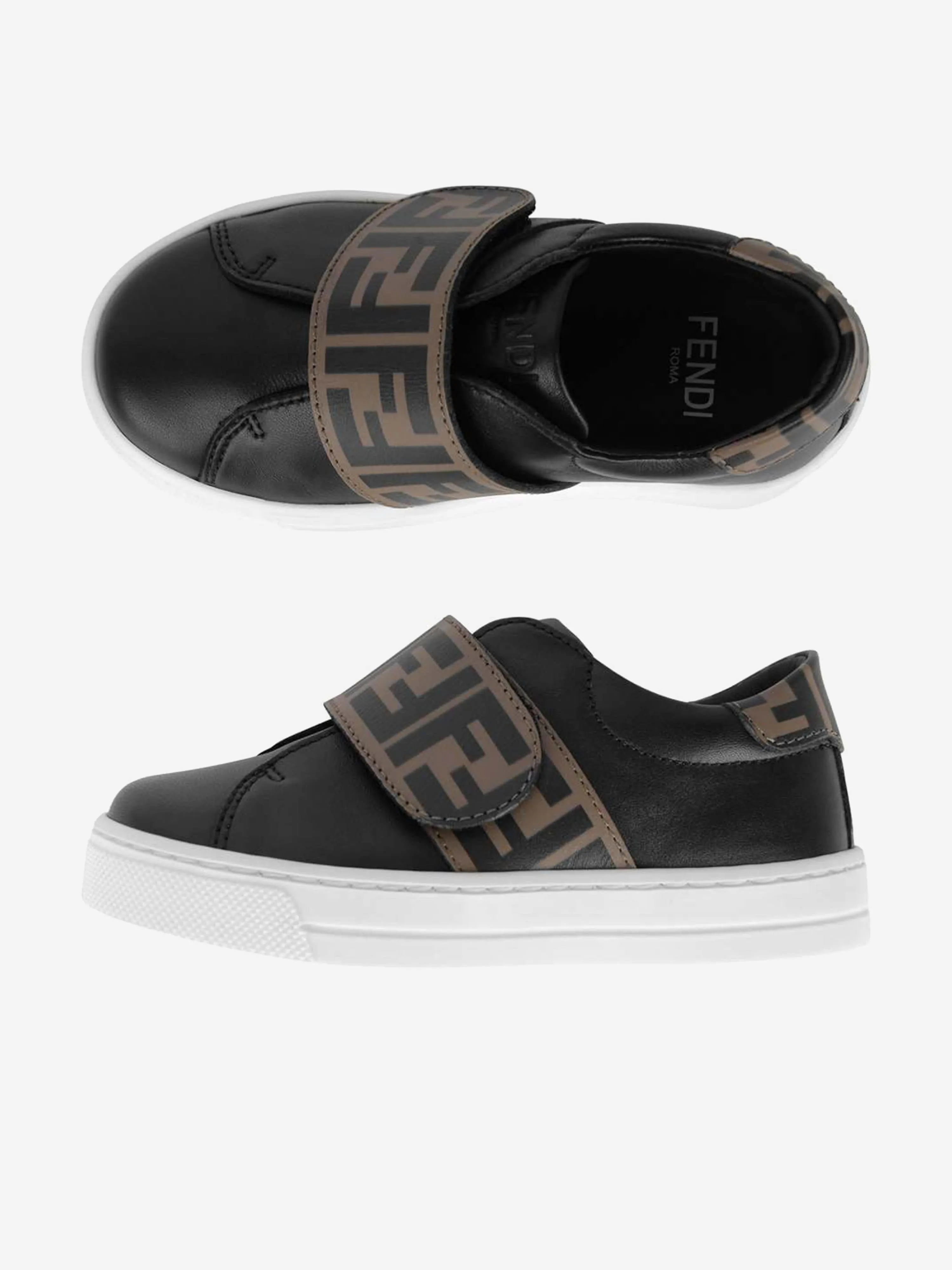 Fendi Kids Leather FF Logo Strap Trainers in Black