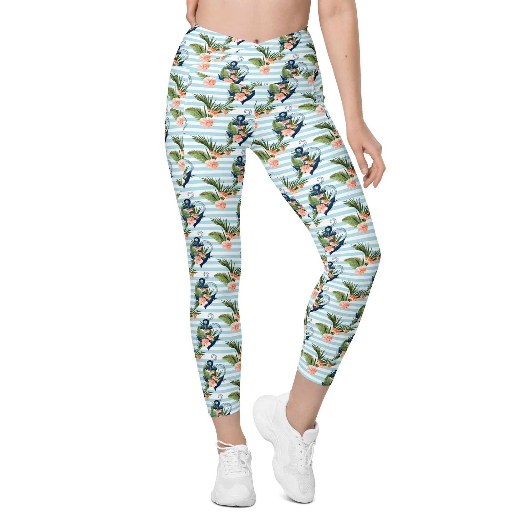 Floral Anchor Crossover Leggings With Pockets