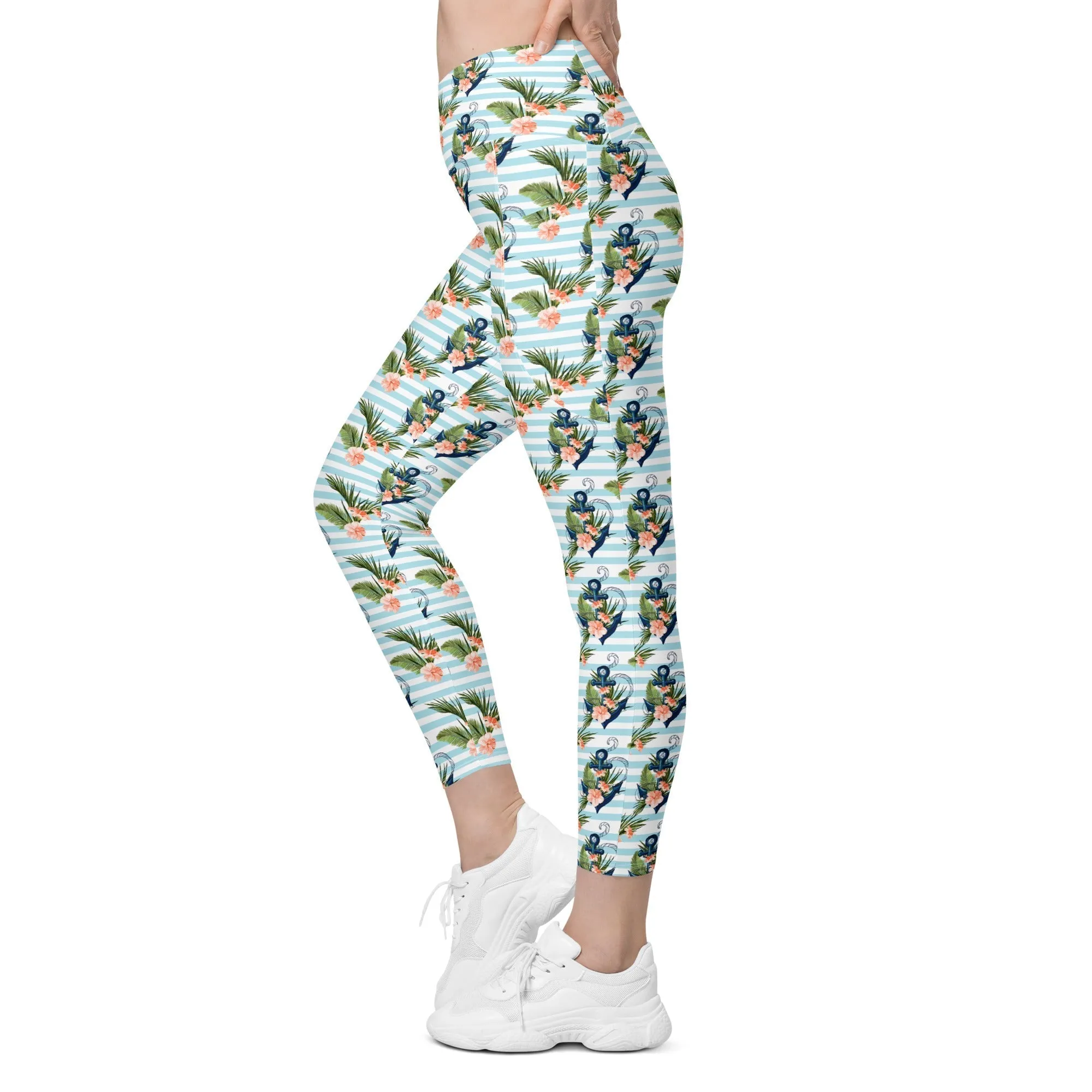 Floral Anchor Crossover Leggings With Pockets