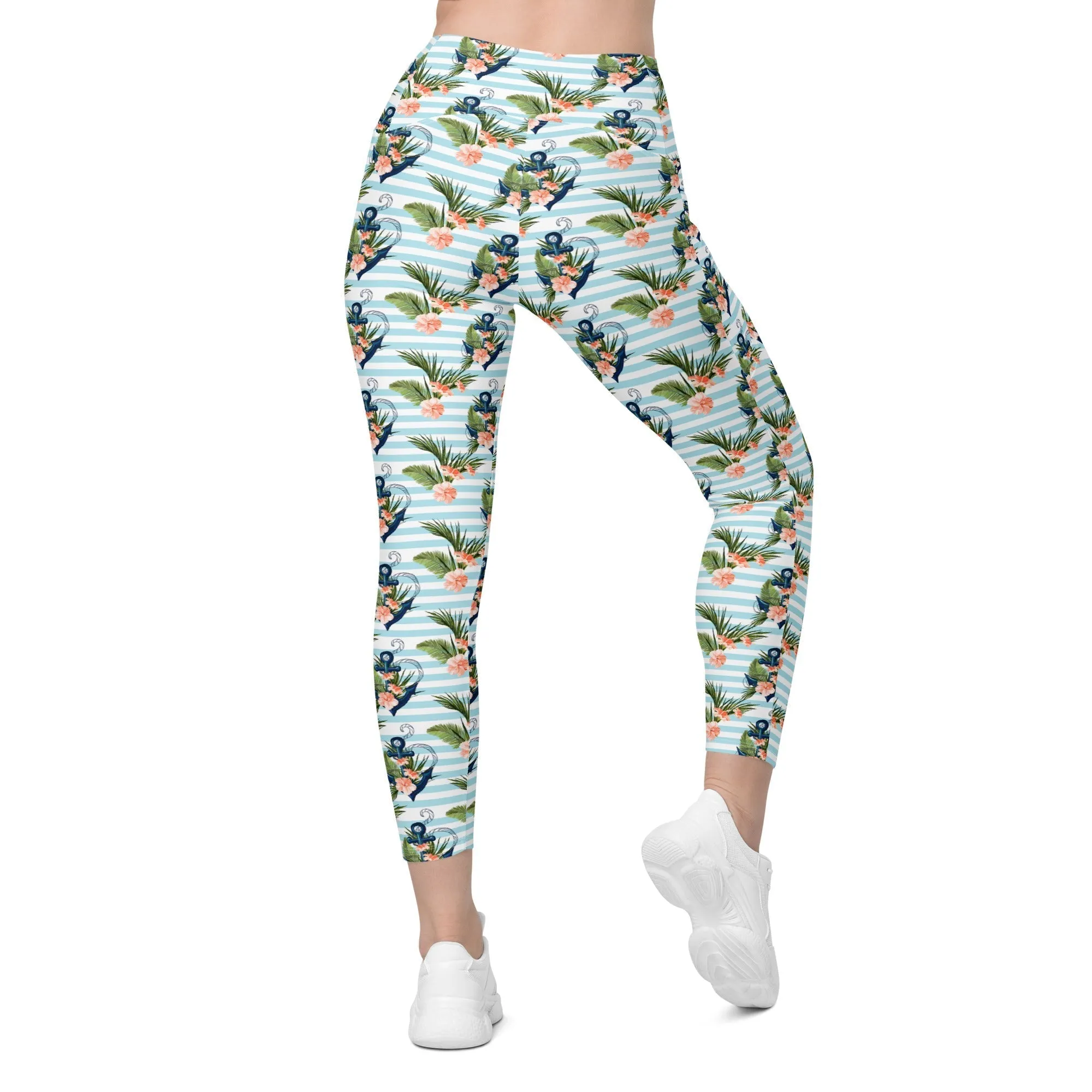 Floral Anchor Crossover Leggings With Pockets