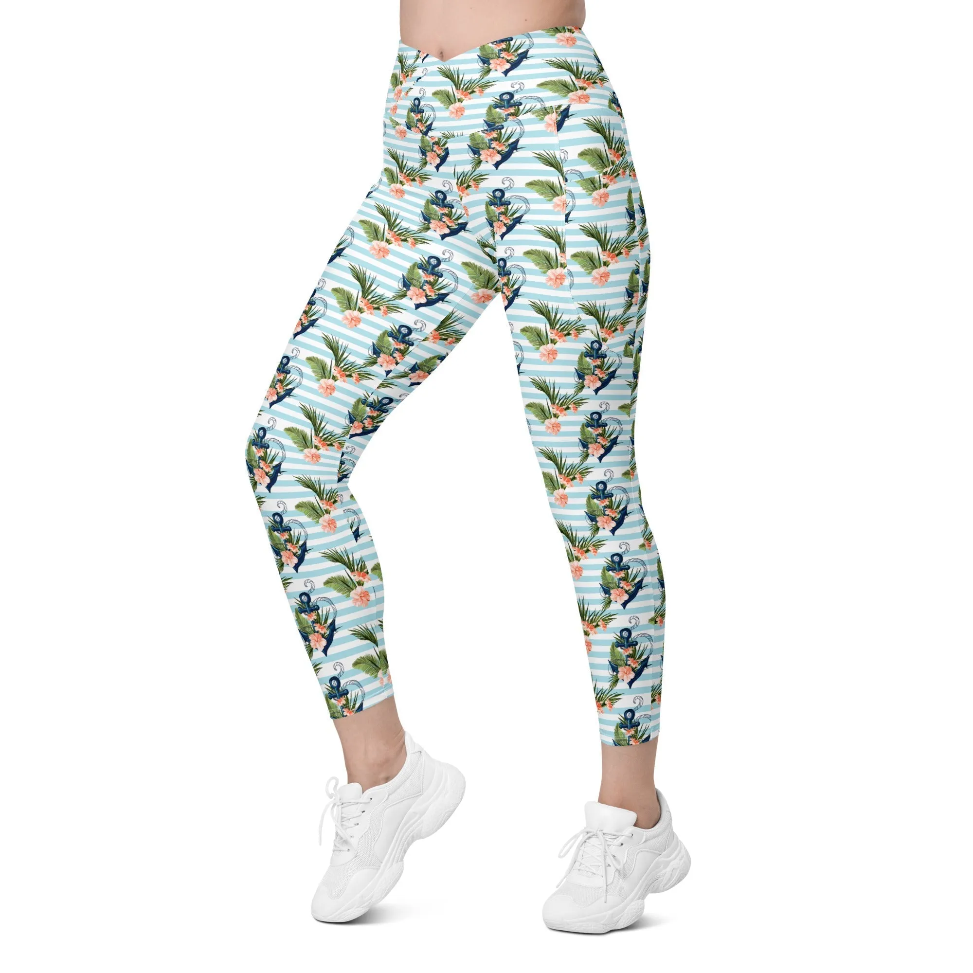 Floral Anchor Crossover Leggings With Pockets