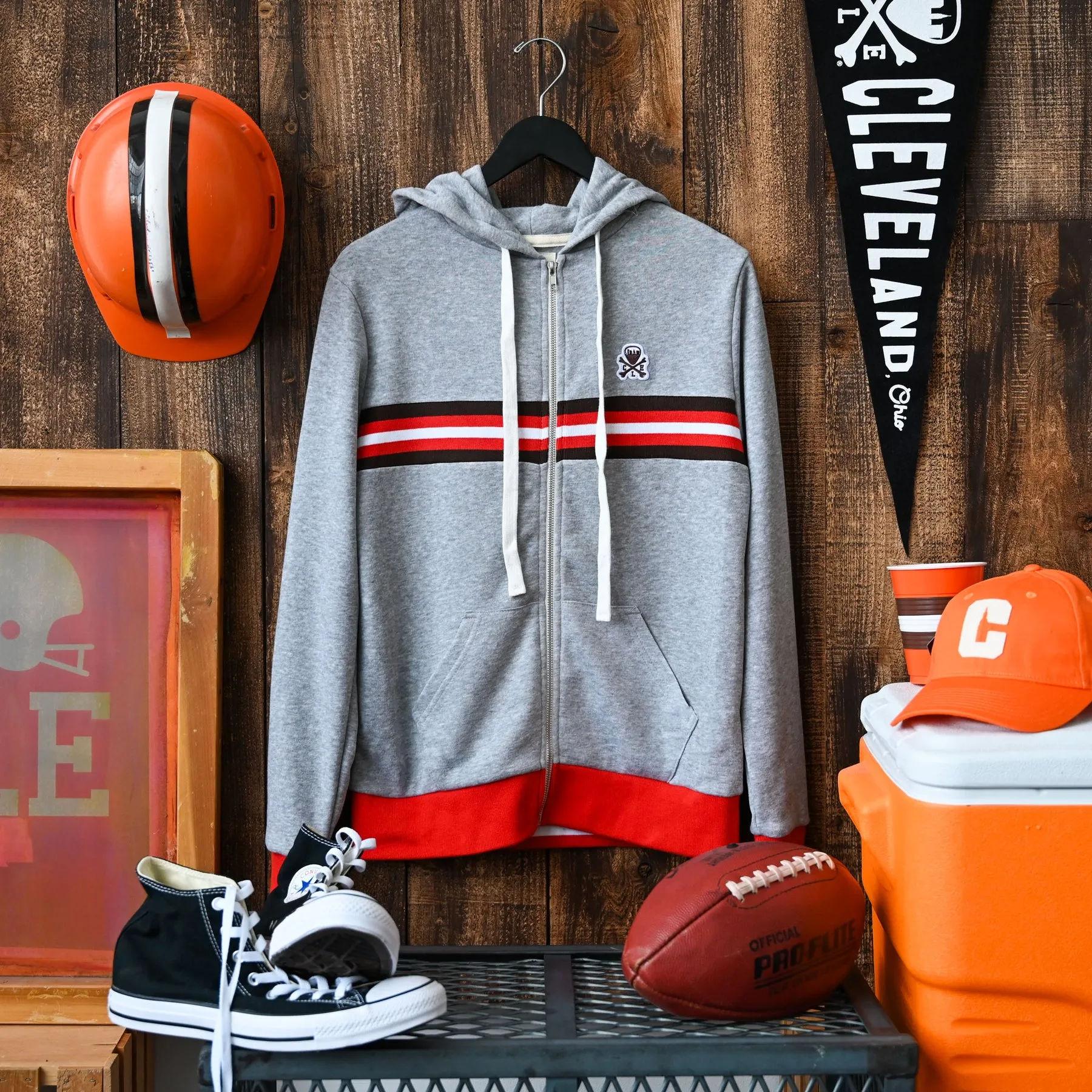 Limited Edition: CLE logo Patch Unisex Full Zip Hoodie - Brown/Orange Stripe-