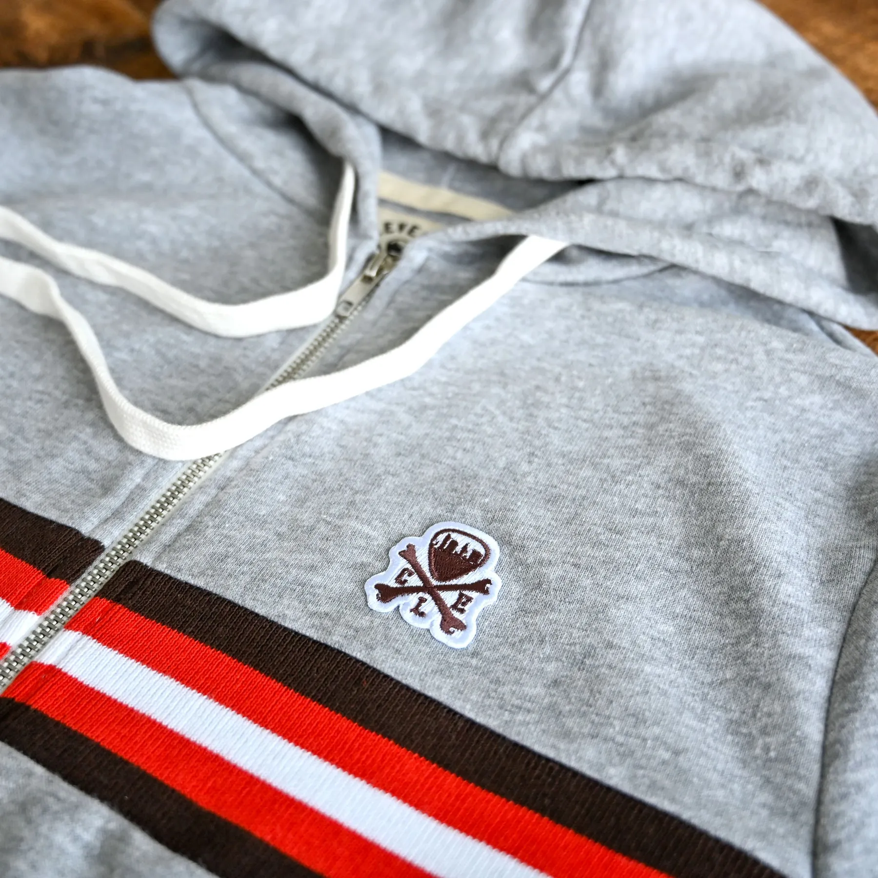 Limited Edition: CLE logo Patch Unisex Full Zip Hoodie - Brown/Orange Stripe-