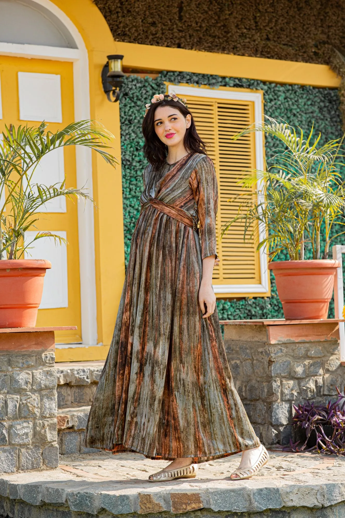 Luxe Earthen Washed Maternity Knot Dress