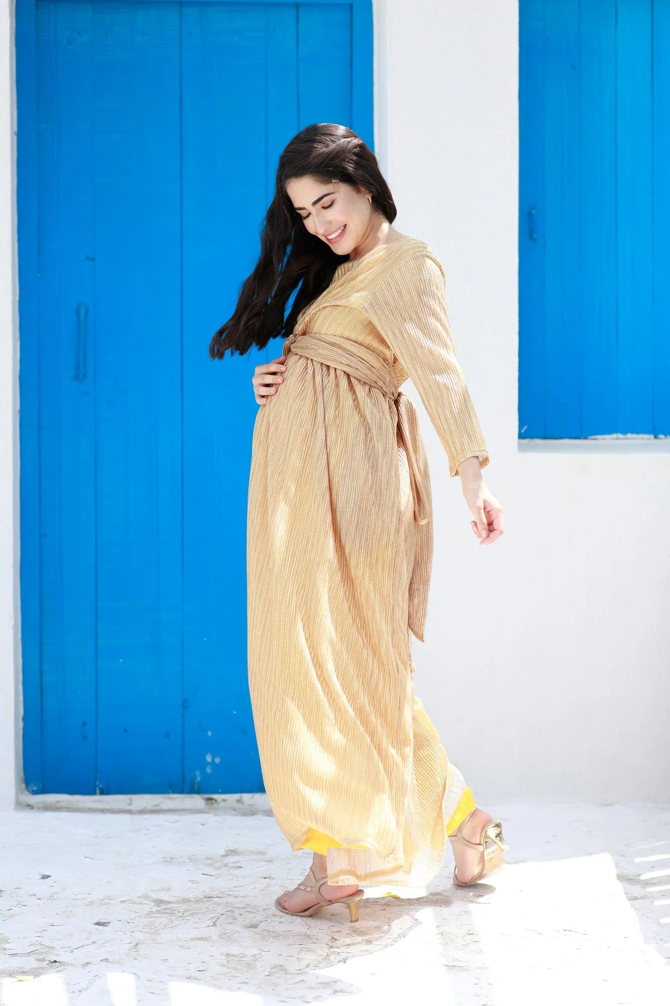 Luxe Golden Shimmery Maternity Knot Dress