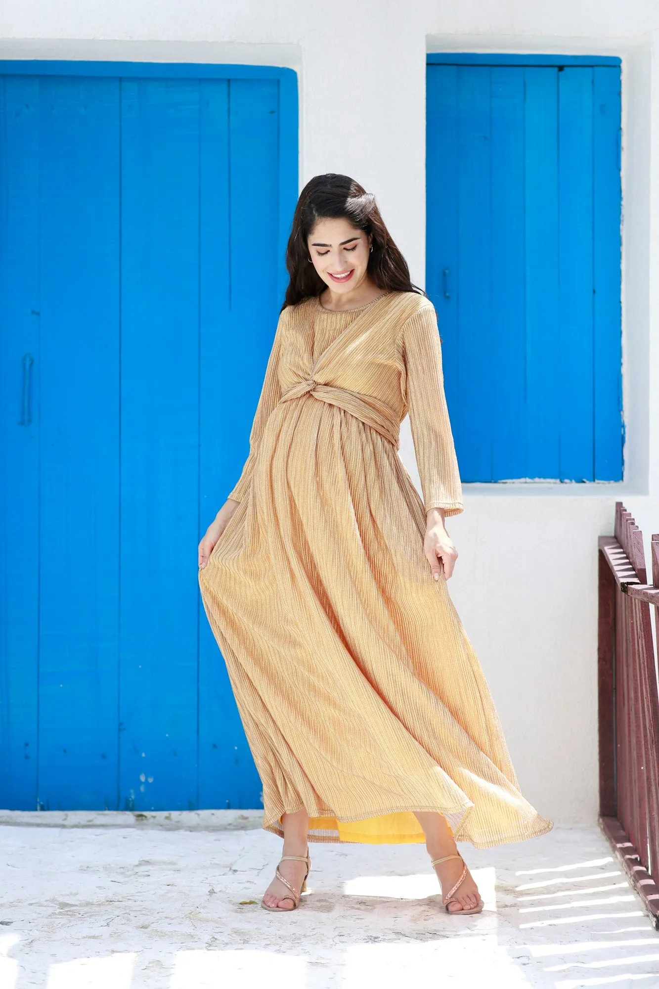 Luxe Golden Shimmery Maternity Knot Dress