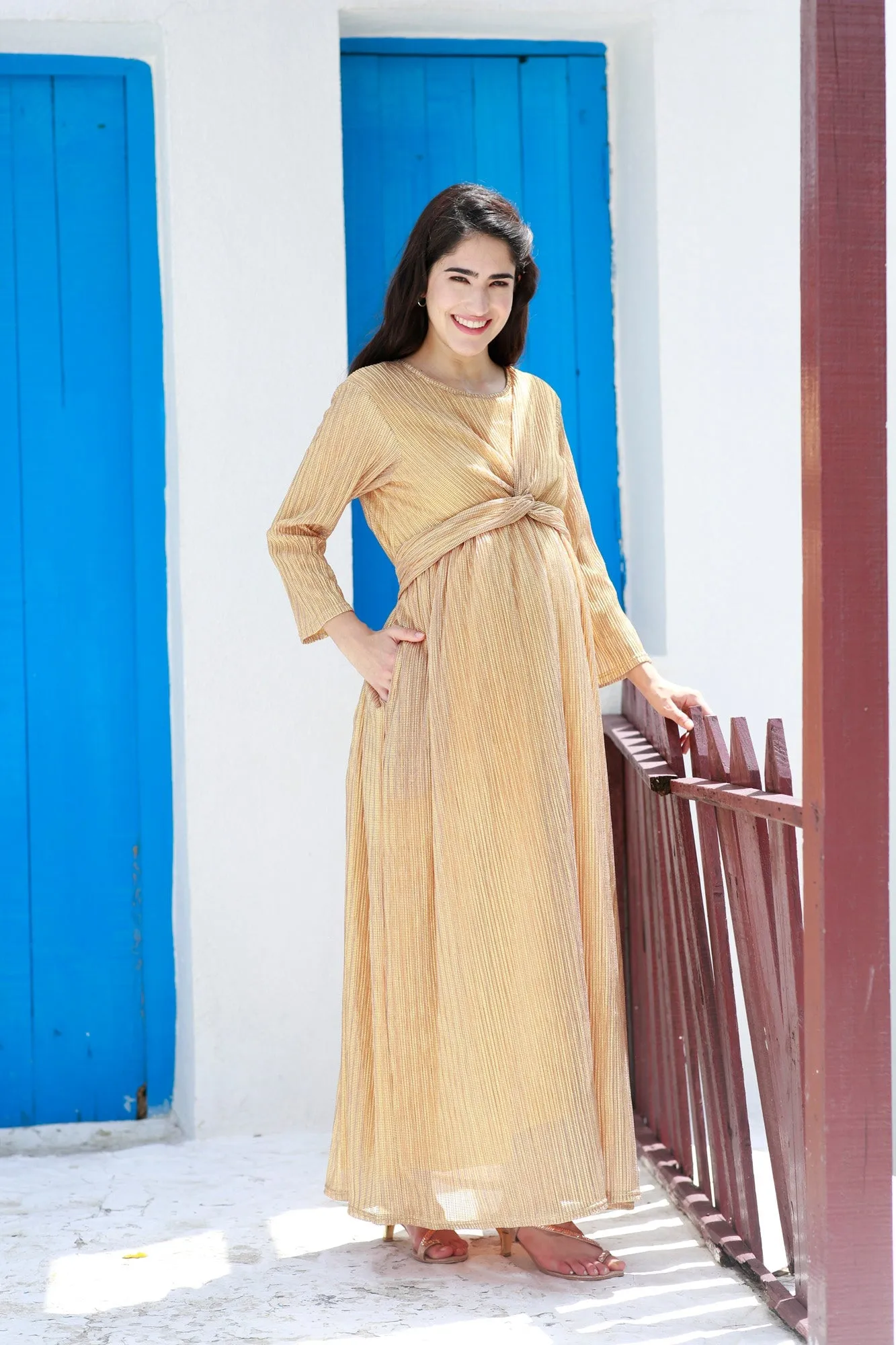 Luxe Golden Shimmery Maternity Knot Dress