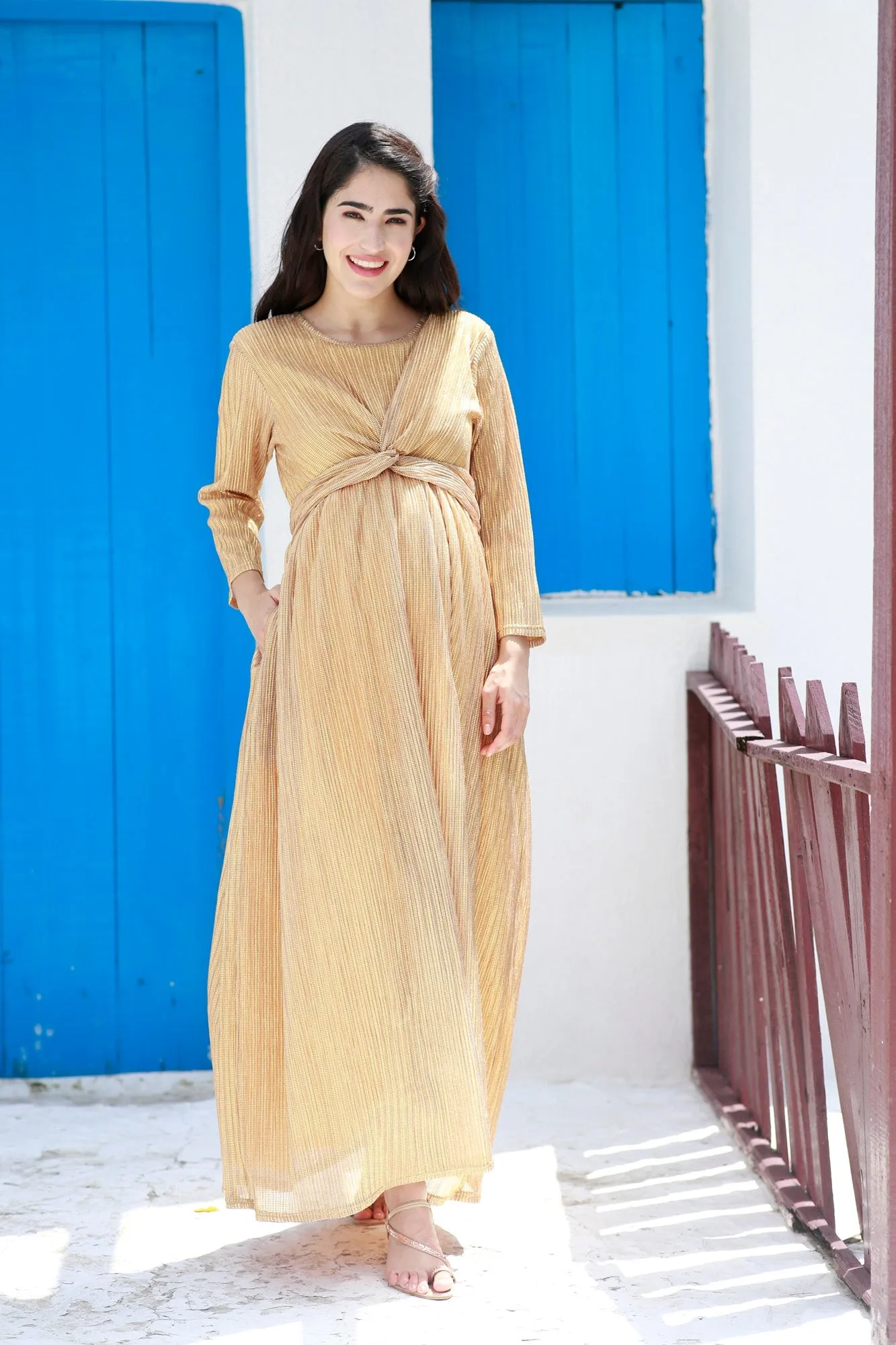 Luxe Golden Shimmery Maternity Knot Dress