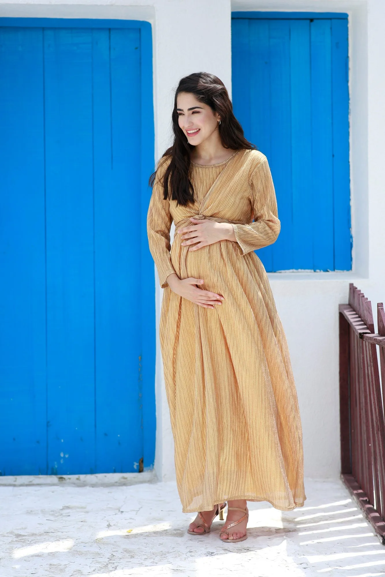 Luxe Golden Shimmery Maternity Knot Dress