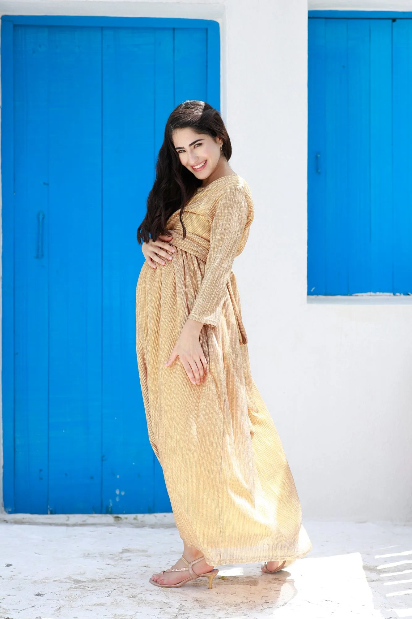 Luxe Golden Shimmery Maternity Knot Dress