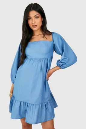 Maternity Chambray Puff Sleeve Smock Dress