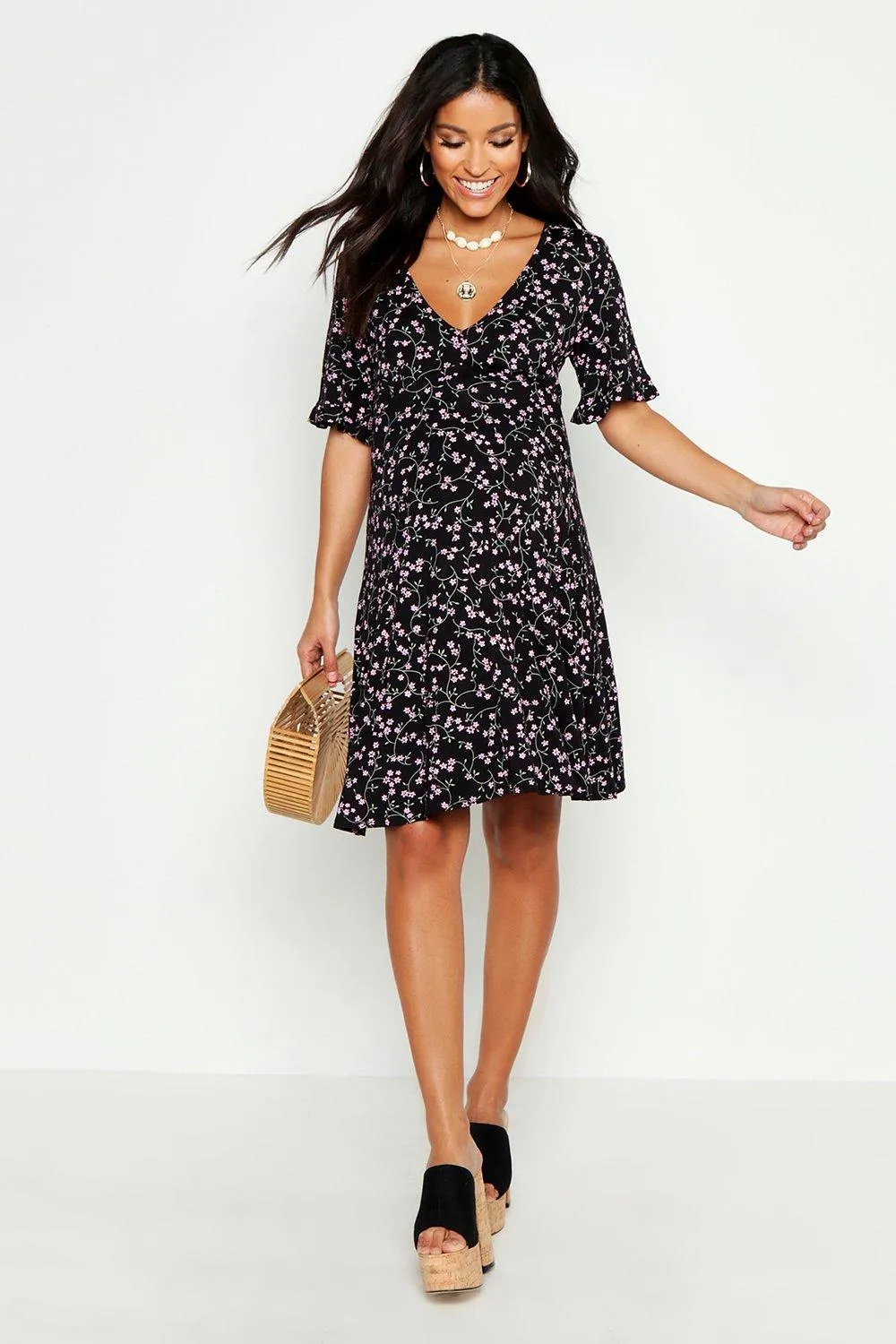 Maternity Ditsy Floral V Neck Tea Dress