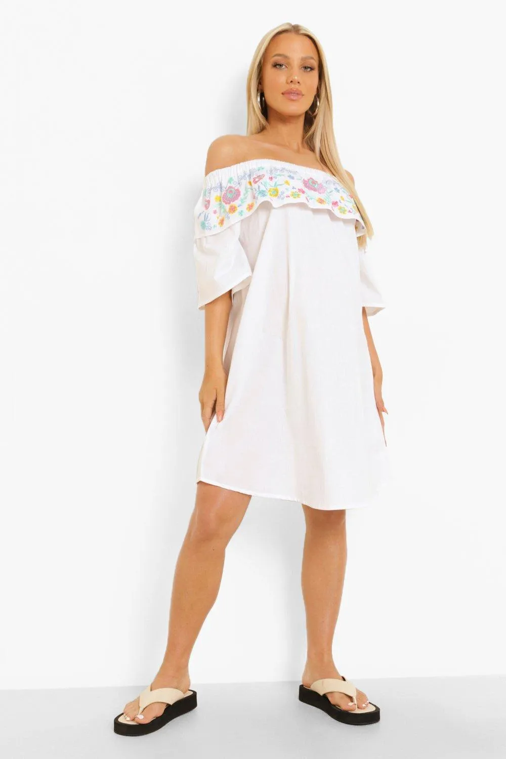 Maternity Embroidered Off The Shoulder Shift Dress