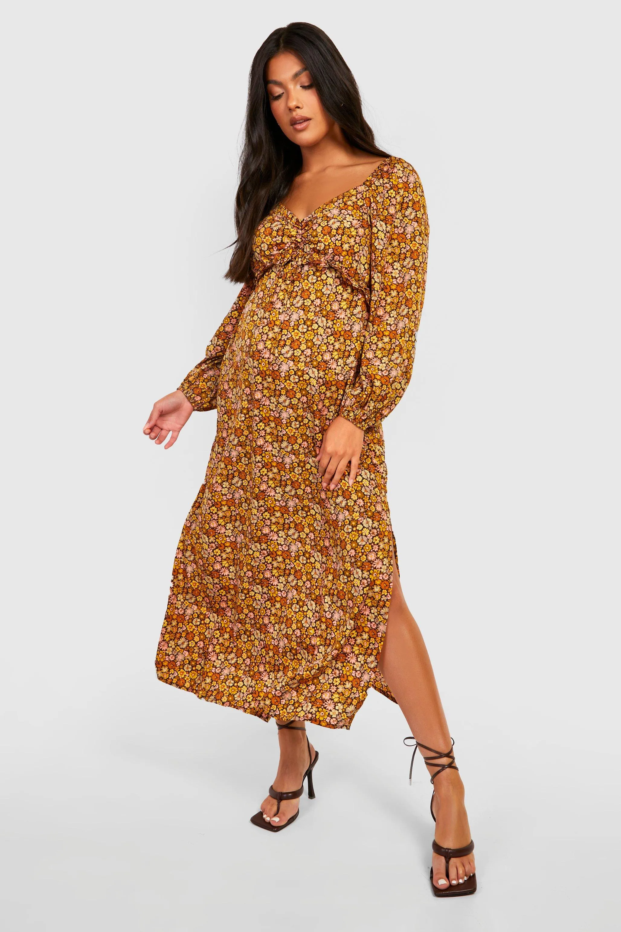 Maternity Floral Puff Sleeve Midi Dress