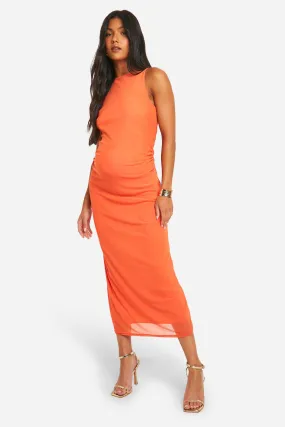 Maternity Mesh Racer Neck Ruched Midaxi Dress