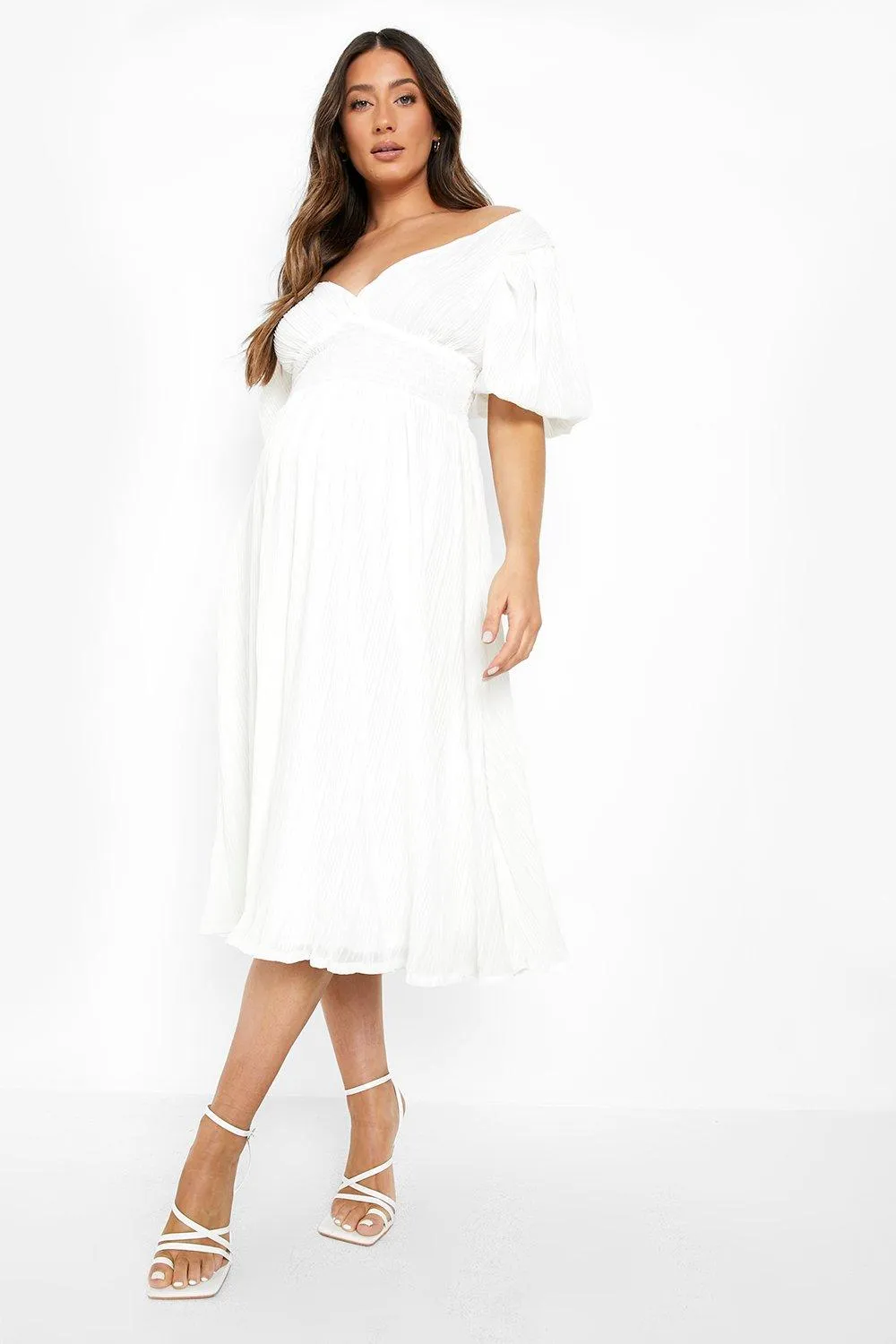 Maternity Pleated Off The Shoulder Midi Dress