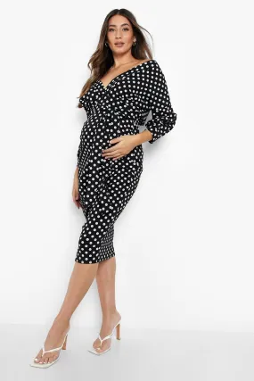 Maternity Polka Dot Off Shoulder Midi Dress