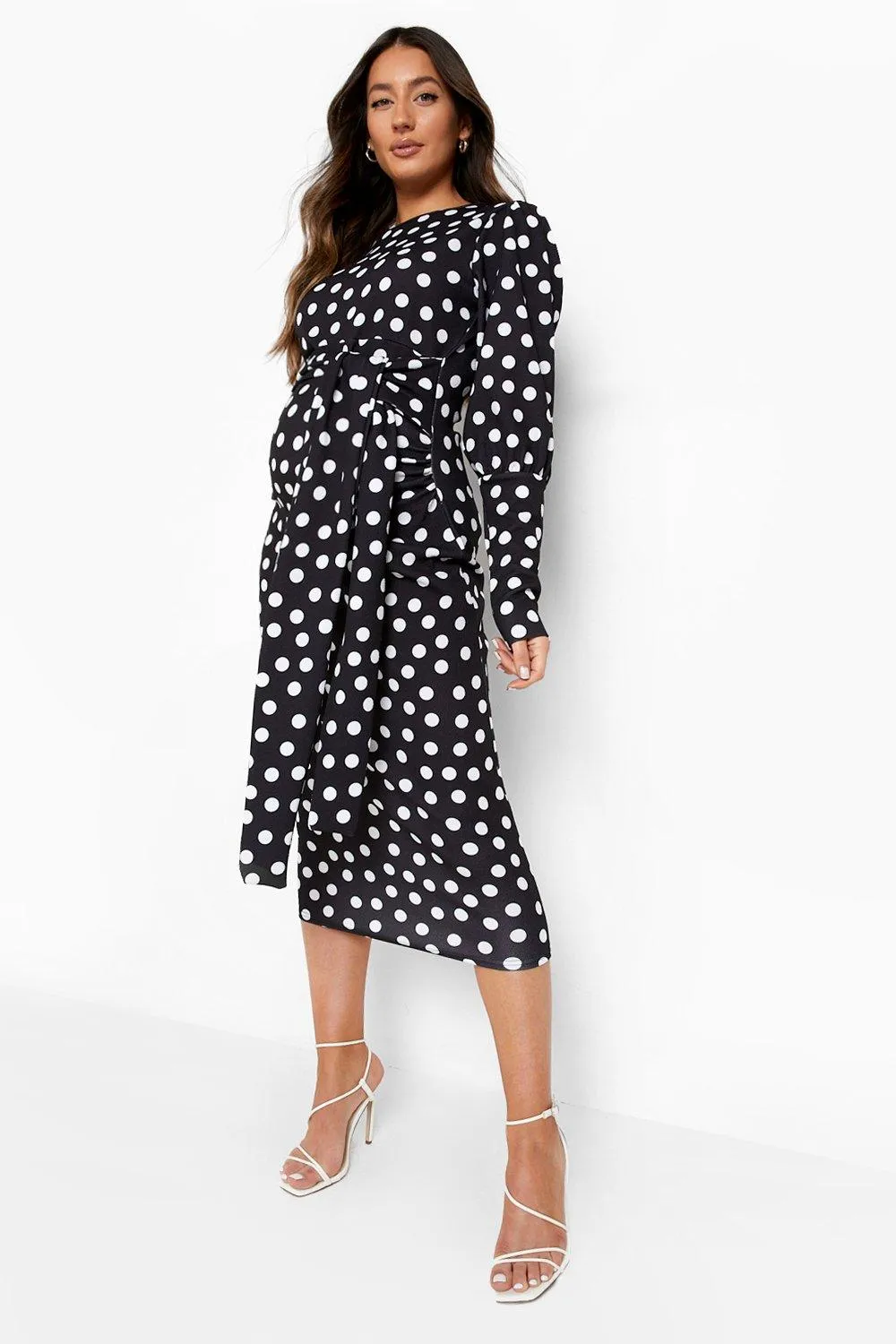 Maternity Polka Dot Tie Waist Midi Dress