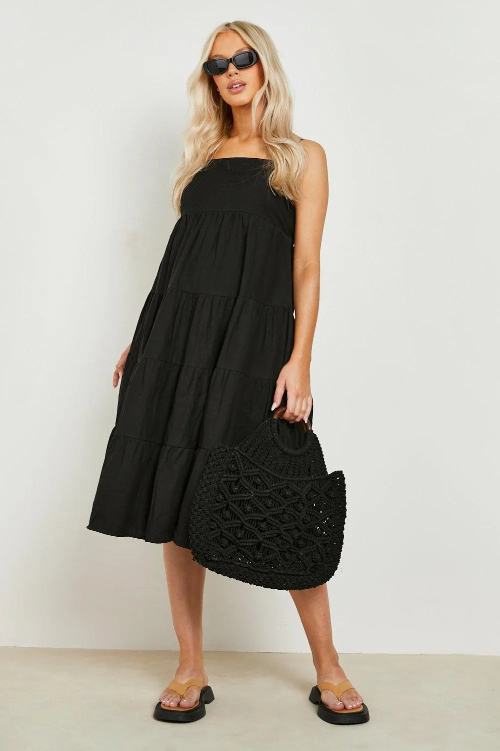 Maternity Premium Linen Tiered Midi Dress