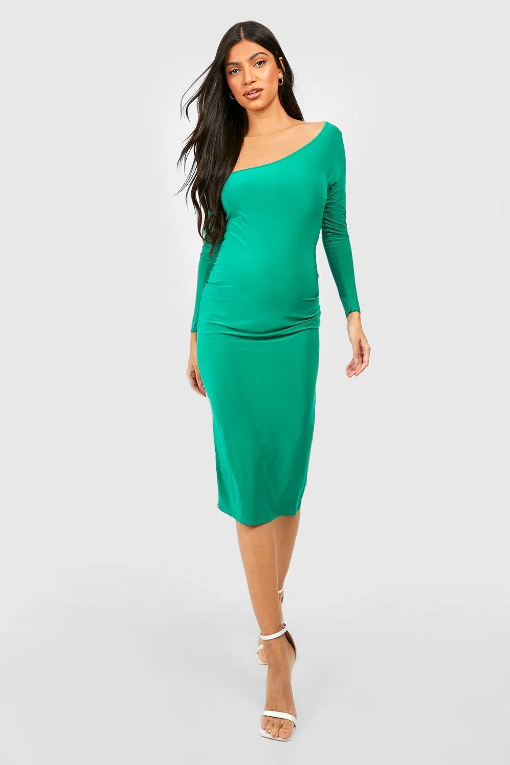 Maternity Slinky Asymmetric Neck Midi Dress