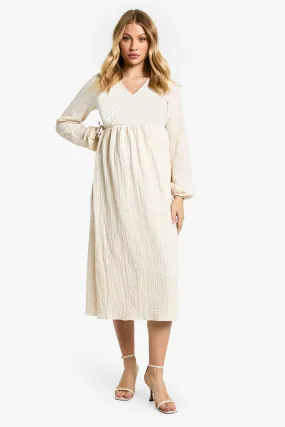 Maternity Textured Wrap Over Long Sleeve Midi