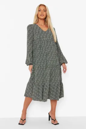 Maternity V Neck Tiered Midi Smock Dress