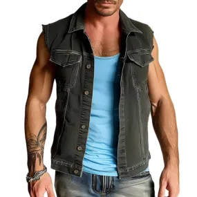 Men's Casual Pocket Raw Edge Denim Vest 00968432TO