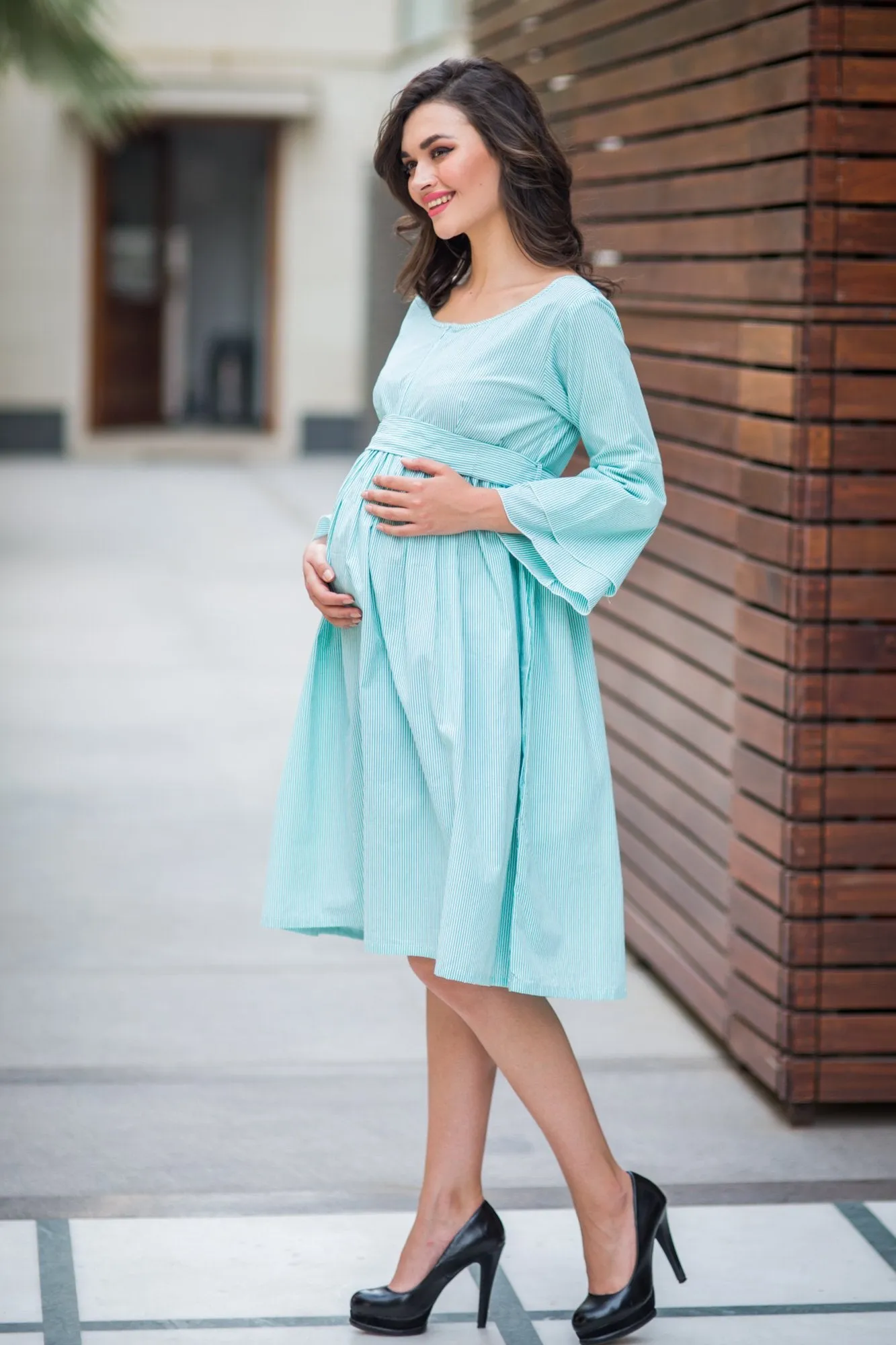 Mint Striped Maternity & Nursing Dress