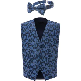 Moustache Floral Print Vest & Bowtie, Blue