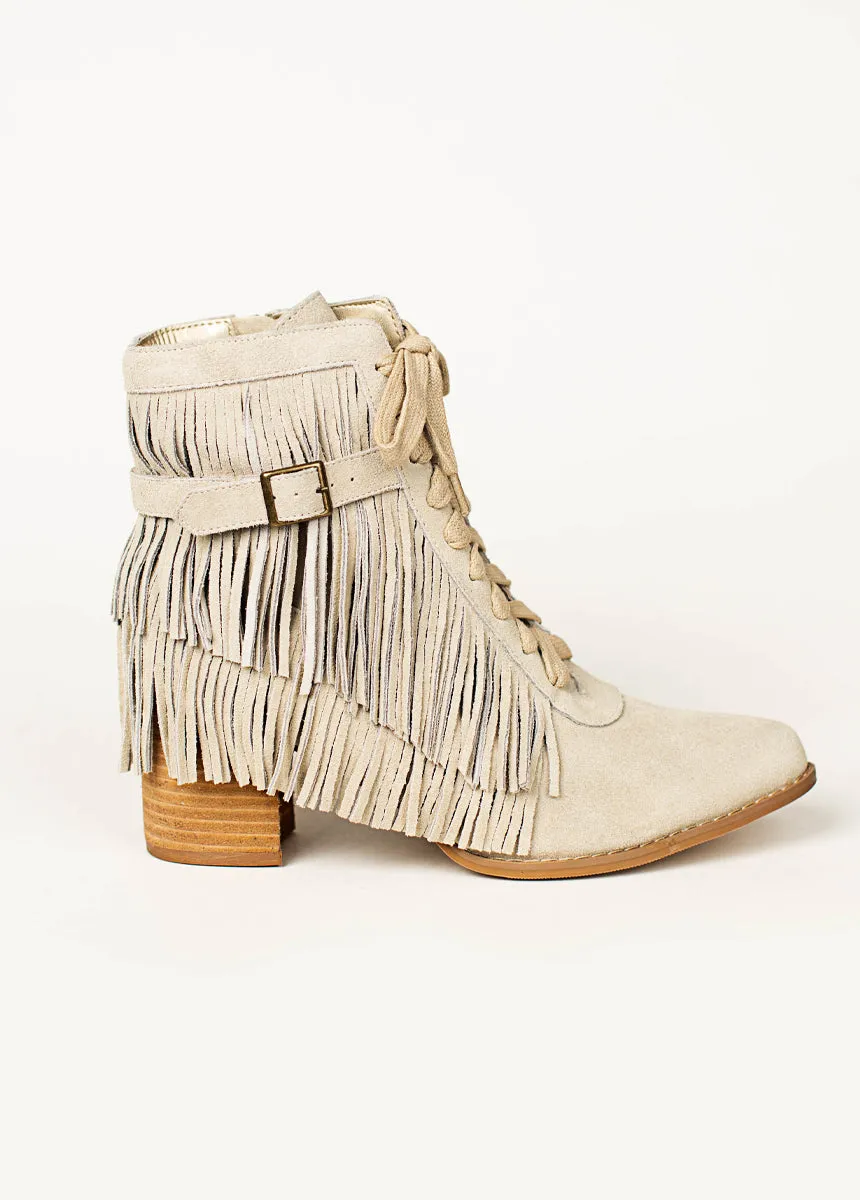 Nika Leather Fringe Boot in Bone