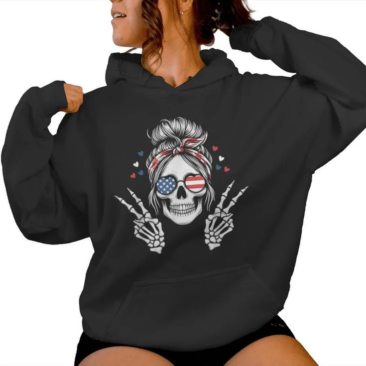 Patriotic American Flag Skull Messy Bun Peace Usa 4Th July Women Hoodie