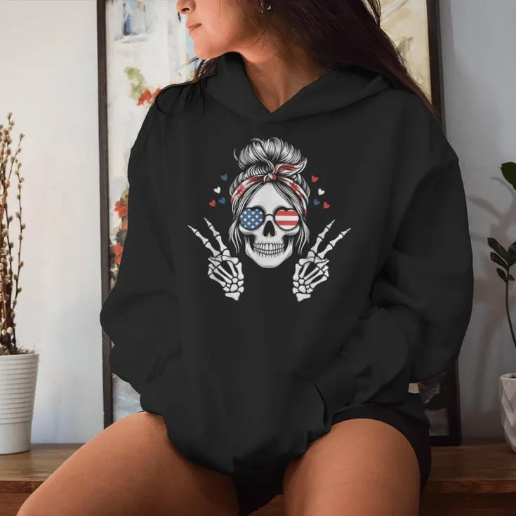 Patriotic American Flag Skull Messy Bun Peace Usa 4Th July Women Hoodie