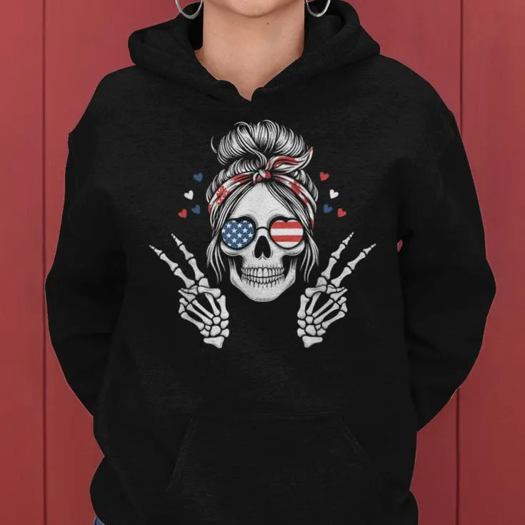 Patriotic American Flag Skull Messy Bun Peace Usa 4Th July Women Hoodie