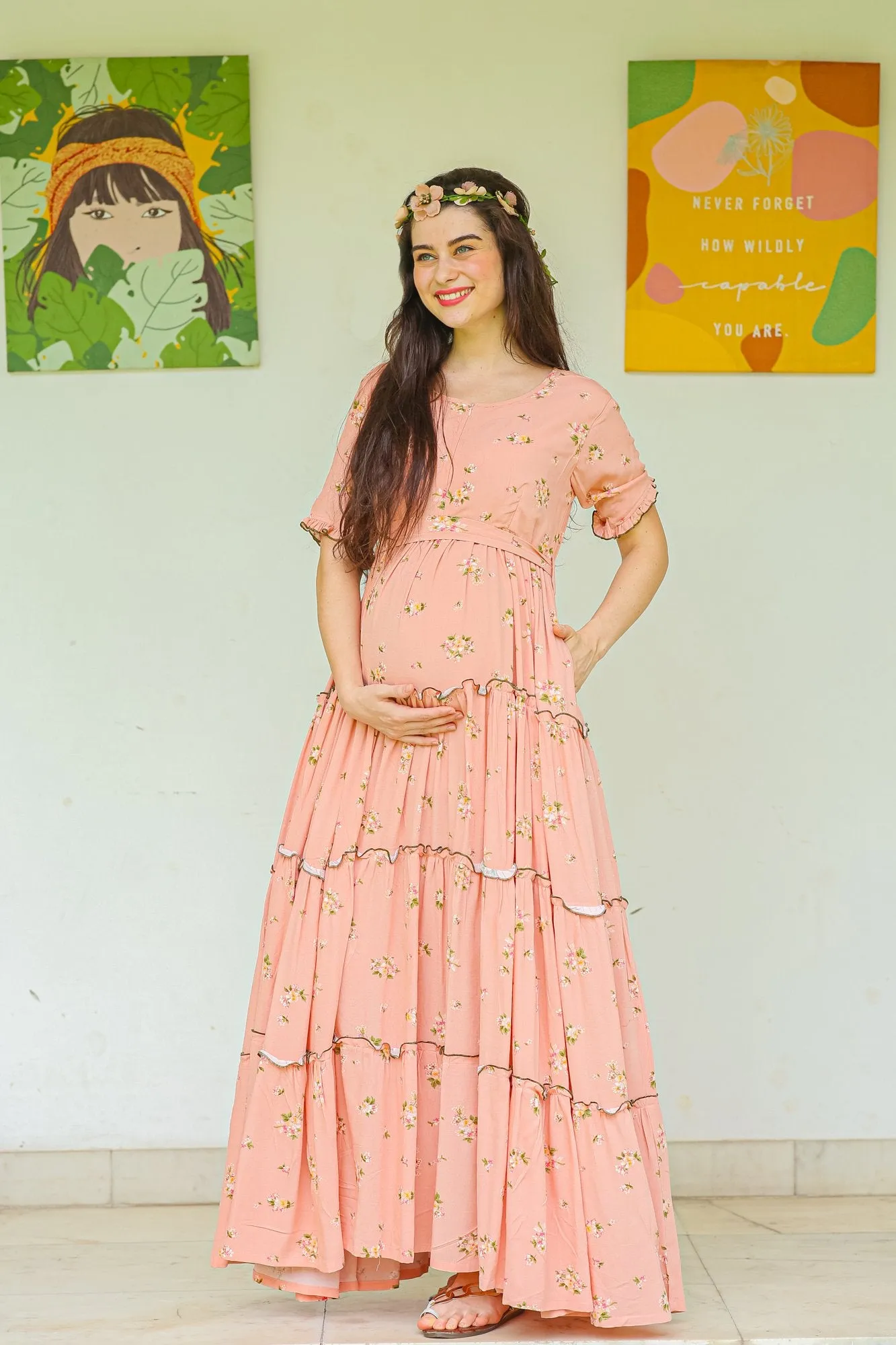 Peach Garden Frill Maternity & Nursing Dress