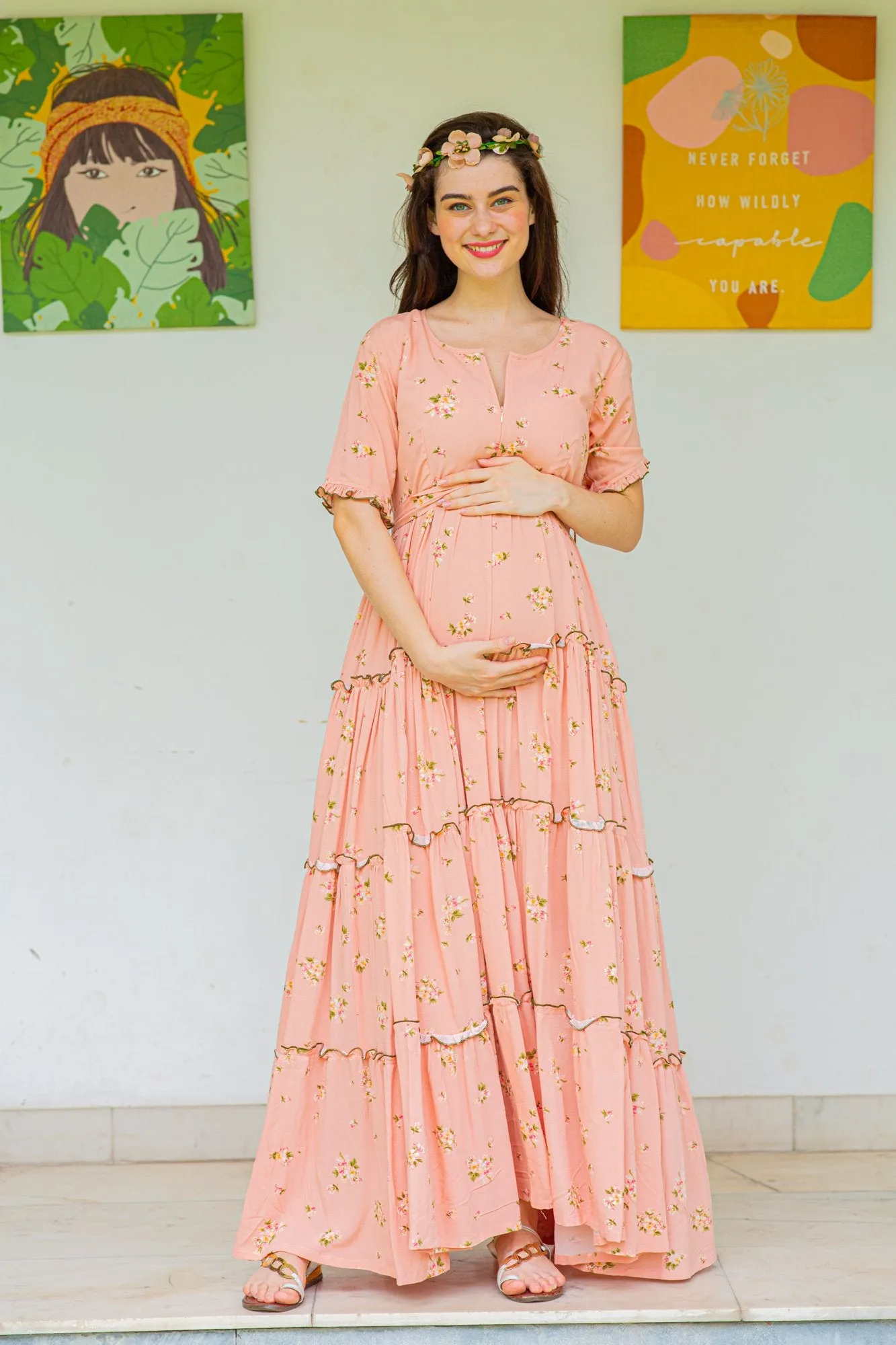 Peach Garden Frill Maternity & Nursing Dress