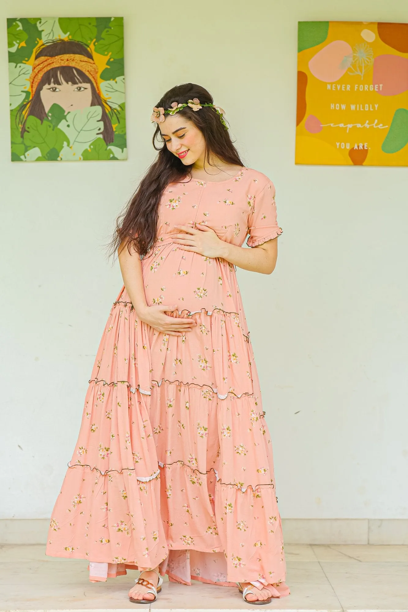 Peach Garden Frill Maternity & Nursing Dress