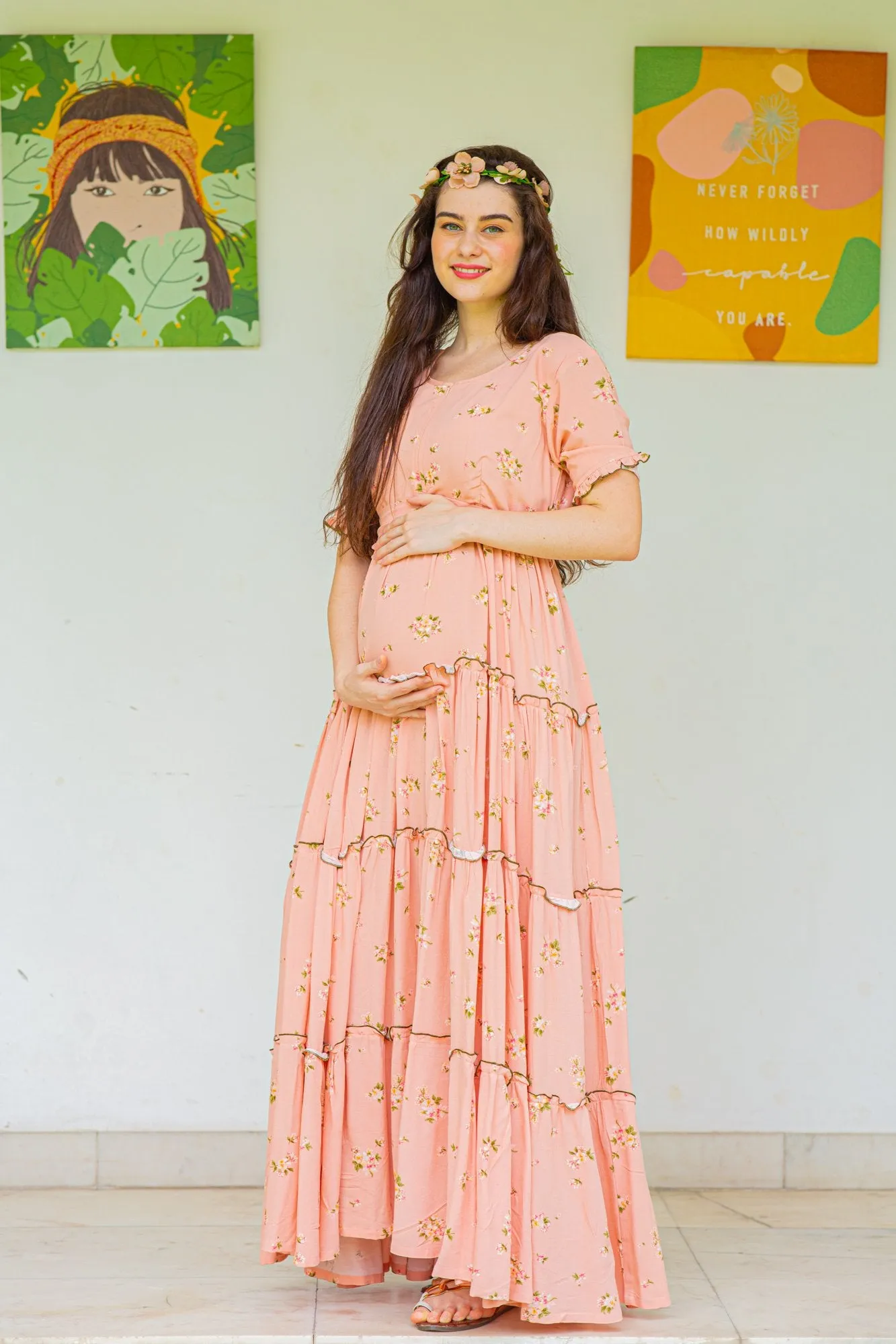 Peach Garden Frill Maternity & Nursing Dress