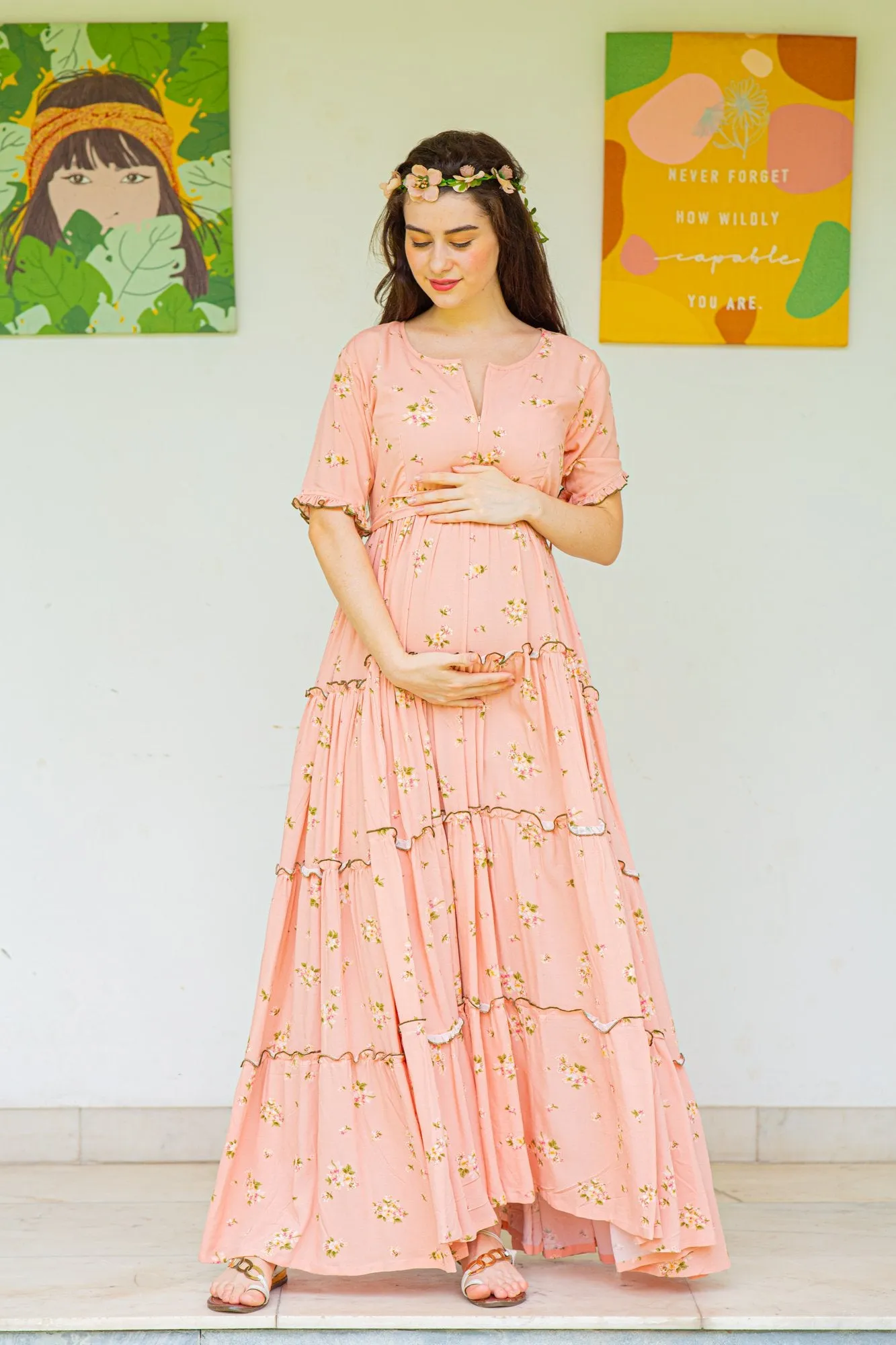 Peach Garden Frill Maternity & Nursing Dress