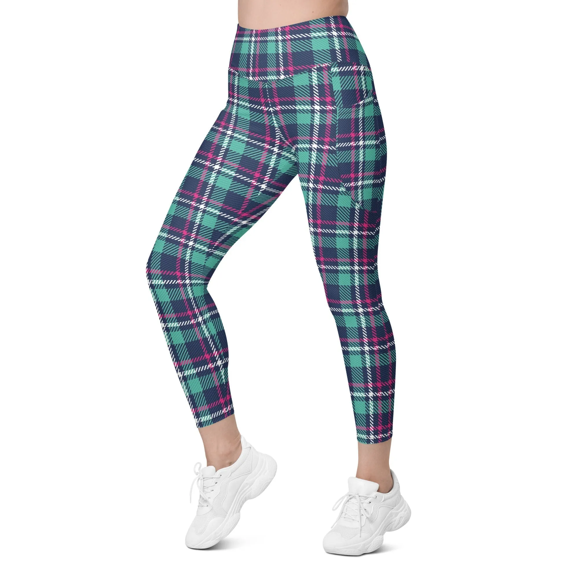 Pink & Turquoise Plaid Print Leggings With Pockets