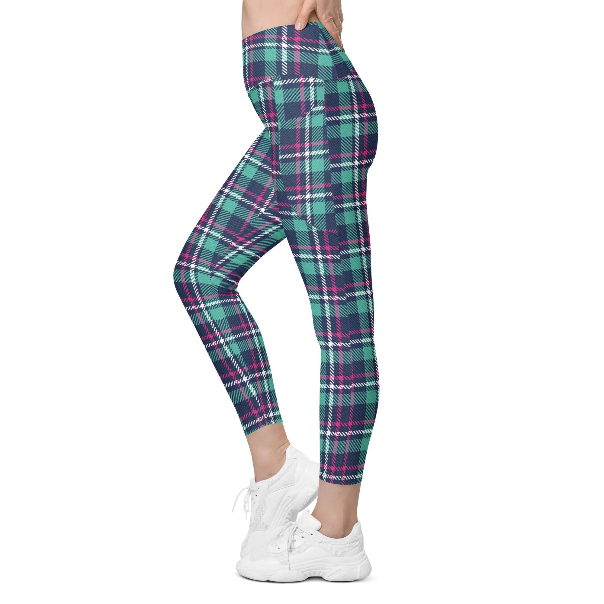 Pink & Turquoise Plaid Print Leggings With Pockets